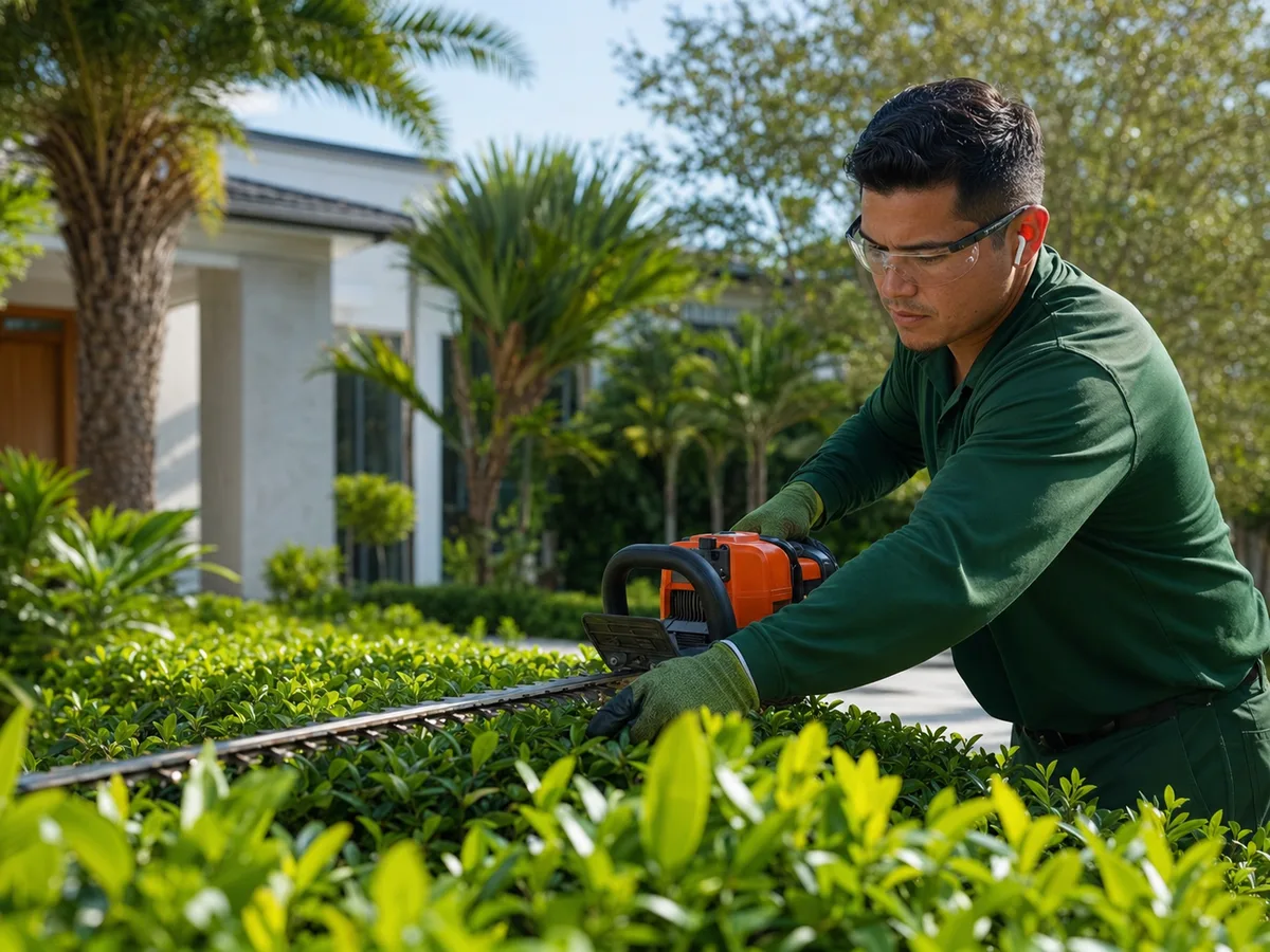 TRIMZ landscaper shaping a hedge with a powered trimmer