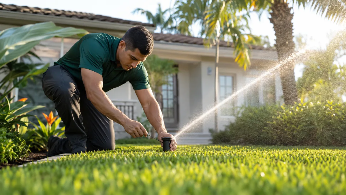 Irrigation sprinkler watering a healthy green lawn maintained by TRIMZ