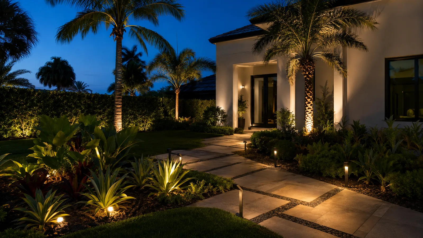 Warm outdoor landscape lighting illuminating a home entrance at dusk
