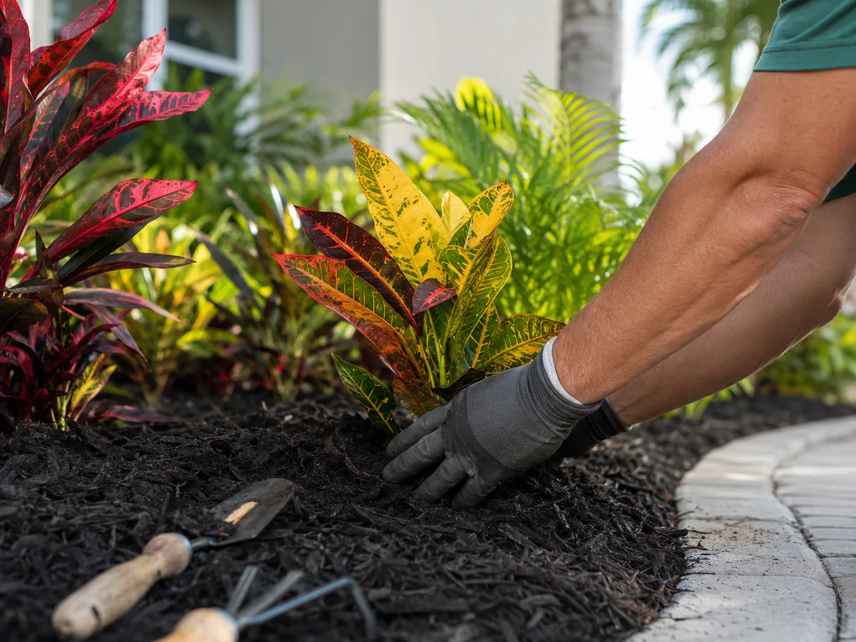 Fresh mulch and colorful plants being installed in a garden bed by TRIMZ