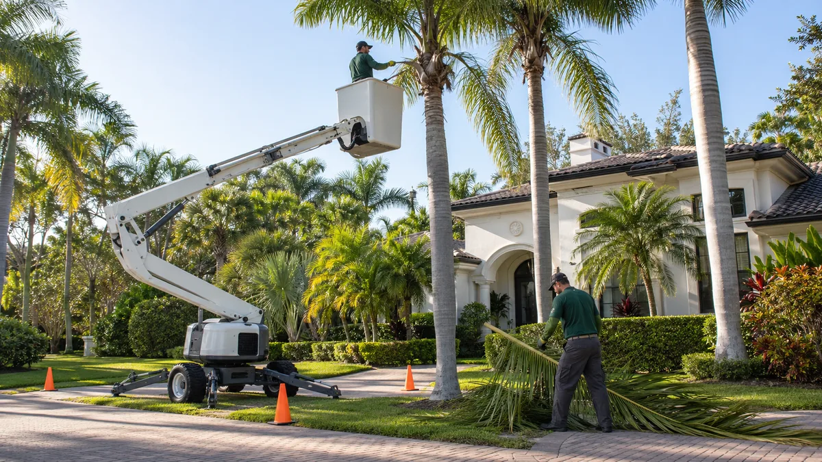 TRIMZ crew trimming tall palm trees from a bucket truck outside a Florida estate