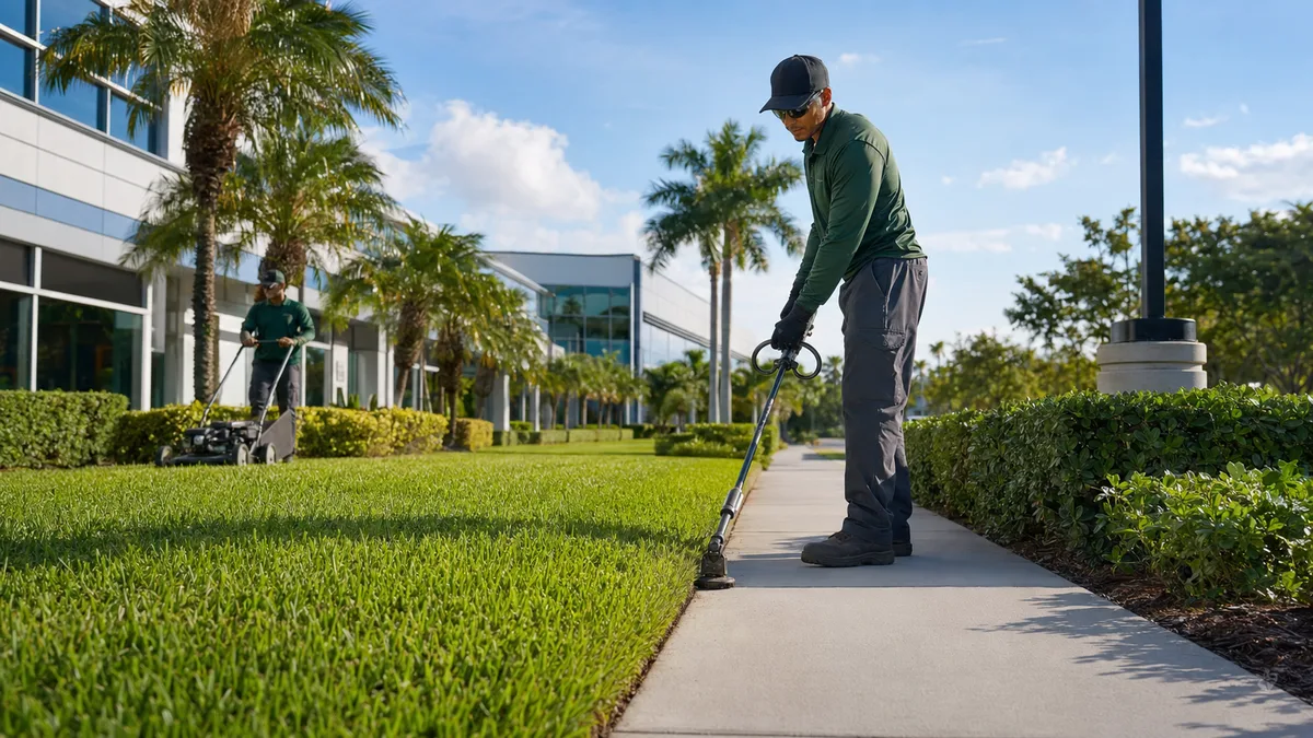 TRIMZ crew member cleaning a commercial walkway with a blower