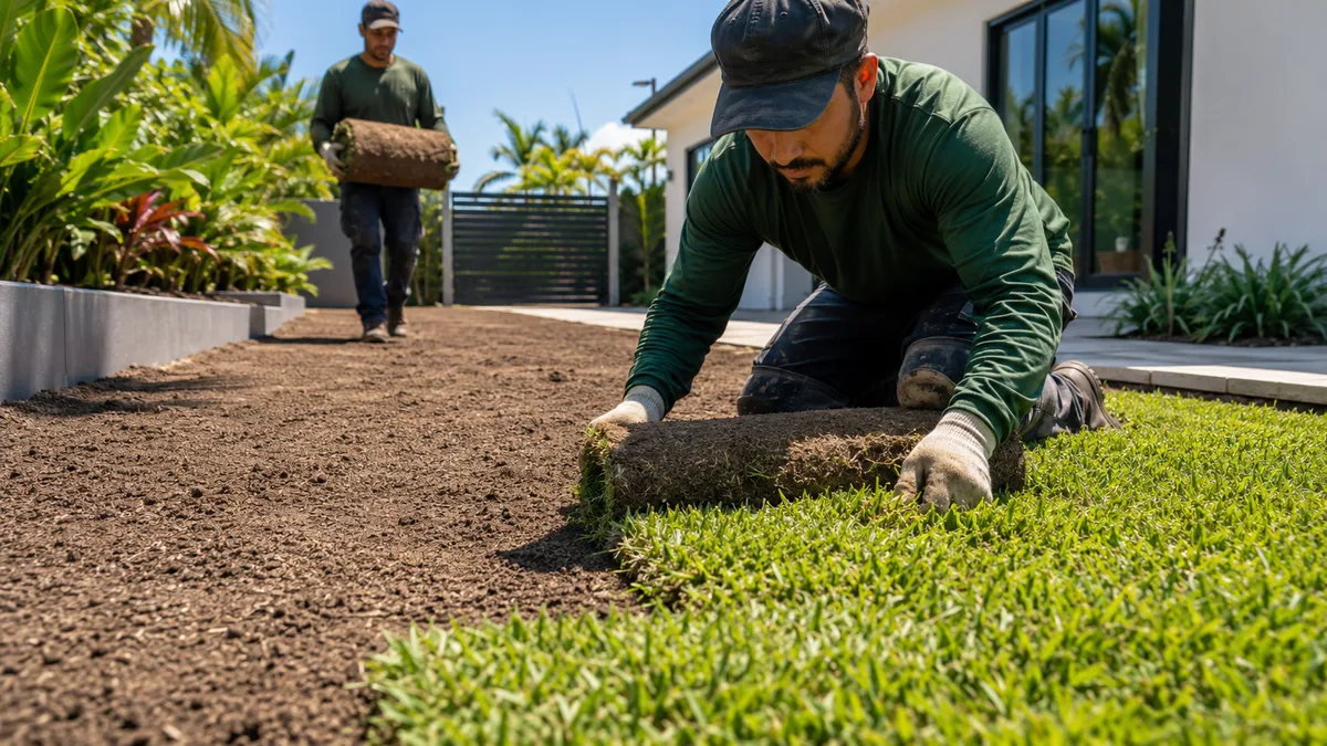 Fresh sod being laid for a new lawn by TRIMZ