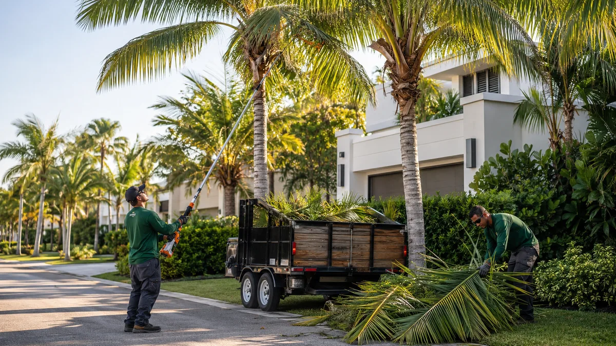 TRIMZ crew clearing storm debris and fallen palm fronds from a property